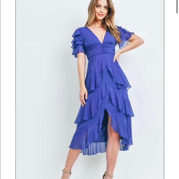 Womens Pleated Asymmetrical Knee Length Maxi long V-Neck Royal Blue dress Medium - Picture 4 of 7